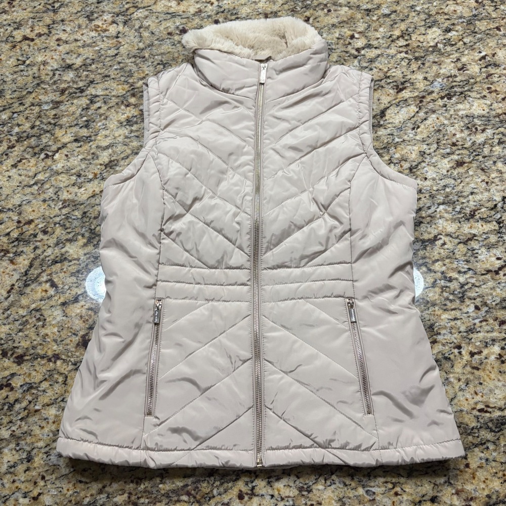 NEW Calvin Klein Womens Beige Quilted Puffer Vest Faux Fur Collar Small ws